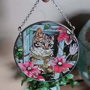 Vintage AMIA Stained Glass Cat Suncatcher with Pink Flowers
